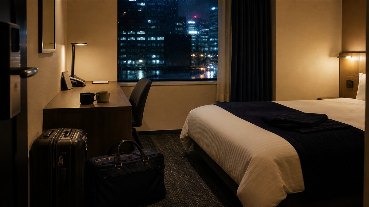 二つの旅行鞄が置かれた夜のビジネスホテル