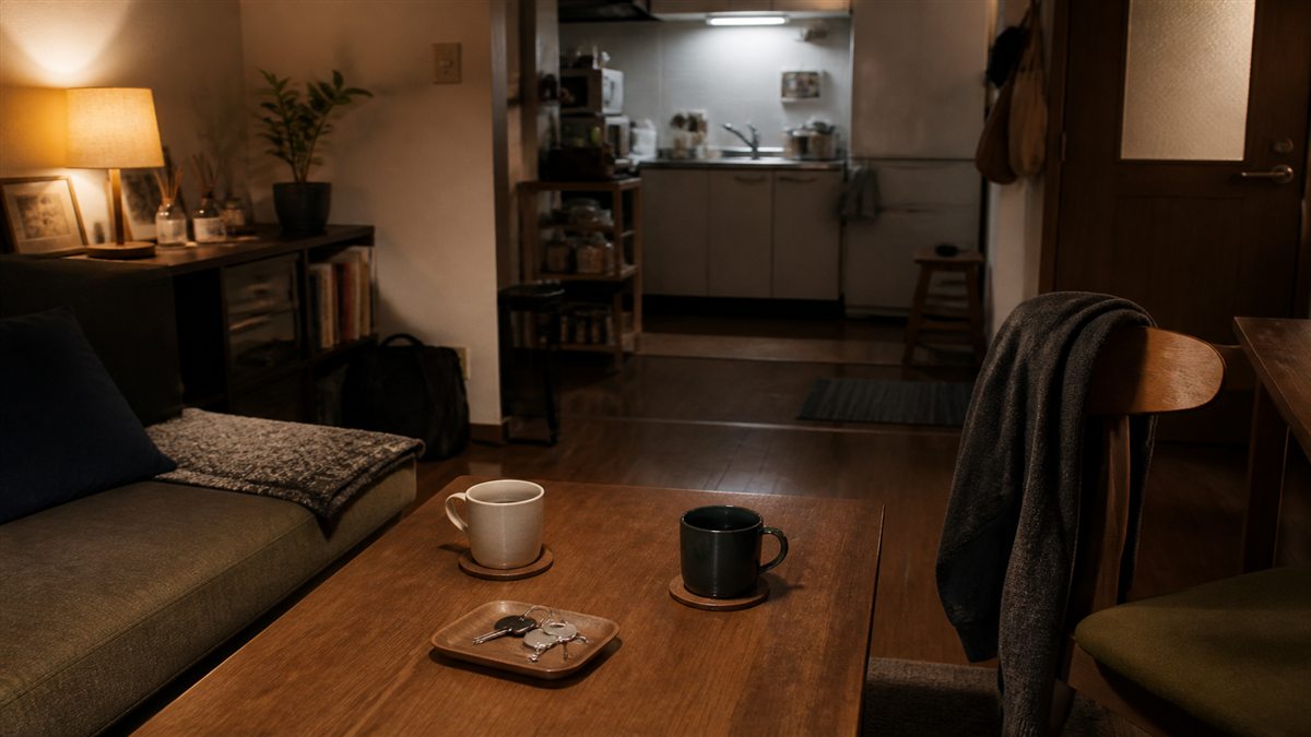 二人分のマグカップと鍵がある共同生活の部屋